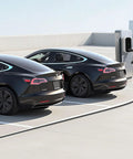 Two Tesla cars parked and charging using Slick 40 Foot EV Charger Extension Cord For Tesla With Nacs Plug And 48 Amp 240V Level 1 2 Electric Vehicle Power Wire With Sturdy Carry Bag For Smooth Daily Rides.