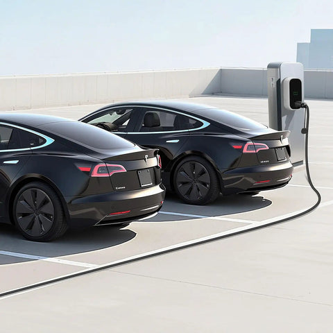 Two Tesla cars parked and charging using Slick 40 Foot EV Charger Extension Cord For Tesla With Nacs Plug And 48 Amp 240V Level 1 2 Electric Vehicle Power Wire With Sturdy Carry Bag For Smooth Daily Rides.