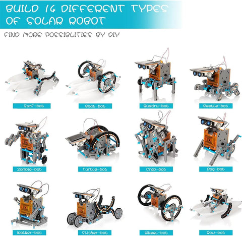 14-In-1 Solar Powered Robot Kit For Kids A Hands On STEM Building Toy With Gears Wheels Shafts And Plates Create 14 Robots From Beginner To Advanced From Wagging Tail Dog To Running Beetle And Walking Crab, 14 robot models
