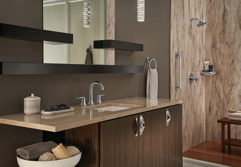 Bathroom with 24 Inch Grab Bar With Concealed Mounting In Venetian Bronze Stainless Steel No Slip Grip Bathroom Safety Rail ADA Compliant Heavy Duty Support Up To 450 Lbs Ideal For Shower And Toilet Upgrades visible near shower