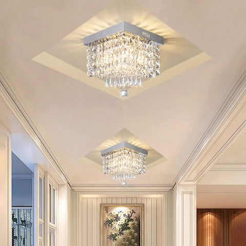 Dope Modern Square Raindrop Crystal Chandelier Flush Mount Ceiling Light Fixture for Dining Room with Sparkling Crystals
