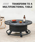36 Inch Fire Pit With Dual Cooking Grates And Lid For Backyard Grilling And Chill Sessions, shown as a multifunctional table.