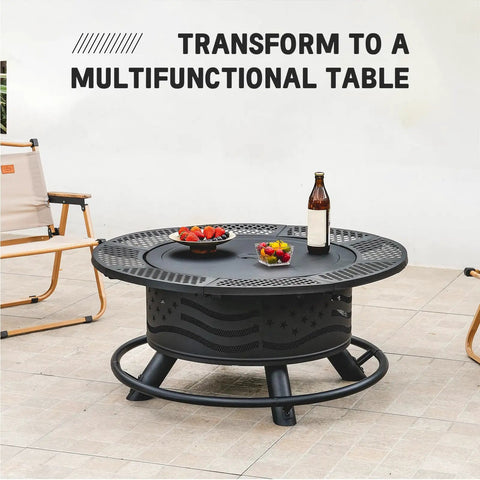 36 Inch Fire Pit With Dual Cooking Grates And Lid For Backyard Grilling And Chill Sessions, shown as a multifunctional table.