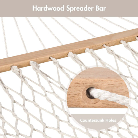 Close-up of Double Rope Hammock With Hardwood Spreader Bar And Carrying Bag 450 Lbs Capacity for Two People, showing countersunk holes.