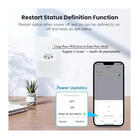 Smart WiFi Wall Socket with Black Glass Touch Panel and 20A Power Monitor's restart status definition function.