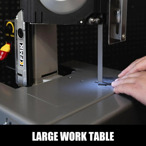 Close-up of a 10 Amp Variable Speed Metal Band Saw With Large Workbench, 5 Inch Cutting Capacity And Adjustable Speed From 137 To 472 FPM in use