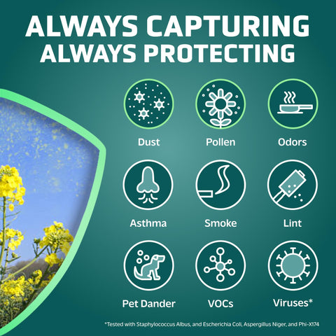 Infographic showing benefits of True HEPA Replacement Filter For GermGuardian Air Purifiers capturing dust, pollen, odors.