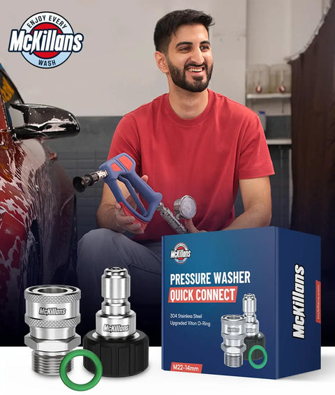 Man holding spray gun, beside McKillans M22 To Three Eighths Quick Connect Set For Pressure Washers Stainless Steel Fittings And Adapter Kit box.