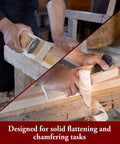 Straight Up Japanese Kanna Wood Planer With Dual Blades For Smooth As Silk Sanding Free Finishing in use on a wood surface.