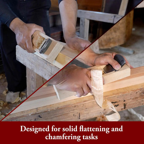 Straight Up Japanese Kanna Wood Planer With Dual Blades For Smooth As Silk Sanding Free Finishing in use on a wood surface.