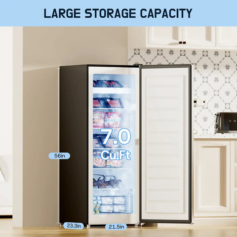Massive Seven Point Zero Cubic Foot Upright Deep Freezer heavy duty stand up cold storage with adjustable shelves and door open.