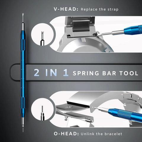 2 in 1 spring bar tool from Comprehensive Pro Grade Watch Repair Kit for battery and link removal, strap adjustment in blue.