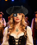 Top Shelf Black Renaissance Pirate Tricorn Hat Set With Distressed Faux Leather Finish Including Realistic Eye Mask Chain Necklace And Antique Style Brass Compass For Totally Badass Halloween Parties worn by a woman.