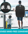 Man wearing padded car seat travel bag at airport with child, breathable straps; Padded Car Seat Travel Bag For Airplane Use Fits Doona Car Seat Stroller With Isofix Base Lockable Zipper Infant Car Seat Bag Foldable Gate Check Backpack For Easy Baby Travel On The Go