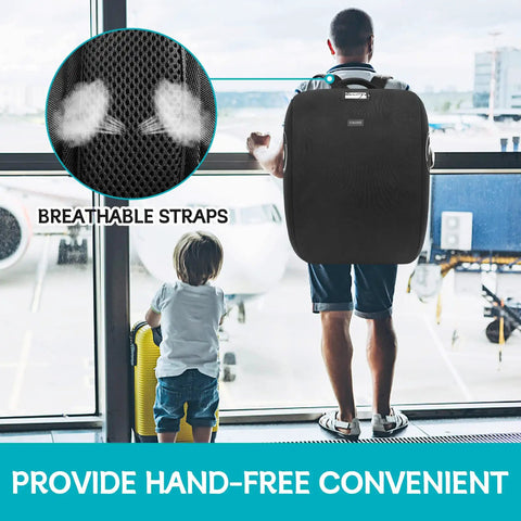 Man wearing padded car seat travel bag at airport with child, breathable straps; Padded Car Seat Travel Bag For Airplane Use Fits Doona Car Seat Stroller With Isofix Base Lockable Zipper Infant Car Seat Bag Foldable Gate Check Backpack For Easy Baby Travel On The Go