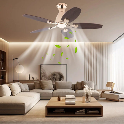 ALSKXaxna Ceiling Fan with Lights and Timer 5 Blades Modern Chandelier 45W in stylish living room setting.