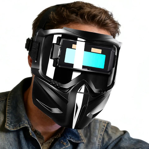 Automatic Welding Helmet With True Color Lens, Safety Cover, And Air Supply Respirator System worn by person in workshop.
