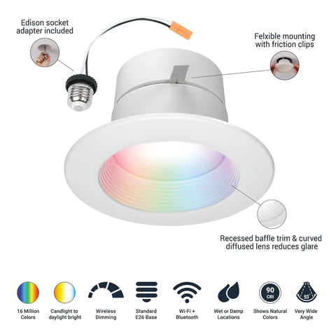 4 Inch Smart WiFi Recessed LED Downlight With SpaceSense Motion Detection, Dimmable RGBW Color Changing, 600 Lumens, Wet Rated Ceiling Light, No Hub Needed, Works With WiZ Pro, E26 base