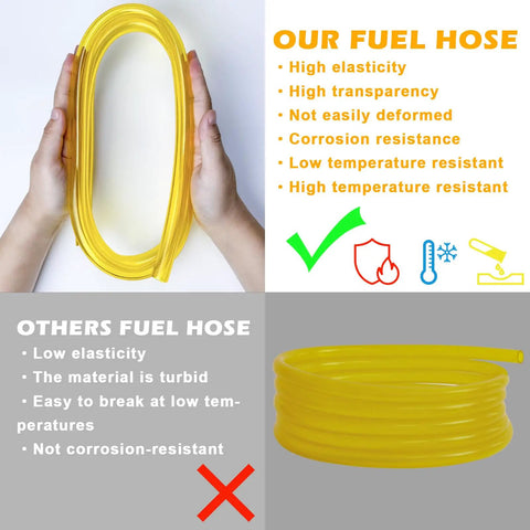 Comparison of fuel hoses highlighting features of high elasticity and transparency for 12V Fuel Transfer Pump Kit Moves Up To 120 Gallons Per Hour Of Gas Or Diesel With Flexible Fuel Hose And Dual Power Cables Great For Cars Boats Equipment And Home Garage Fueling.