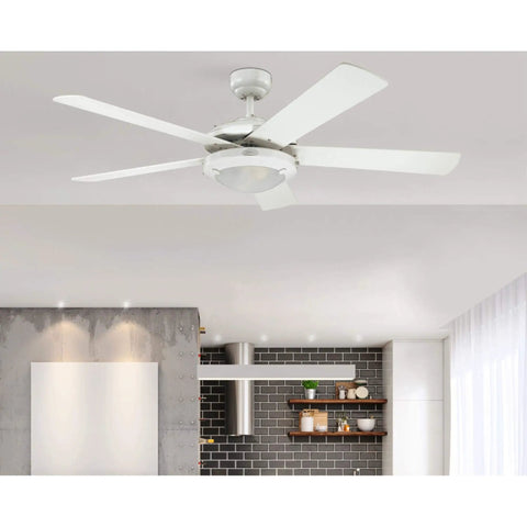 52 Inch Indoor Ceiling Fan With Light In White Finish, Reversible White And White Washed Pine Blades, 16W Dimmable LED Light Kit