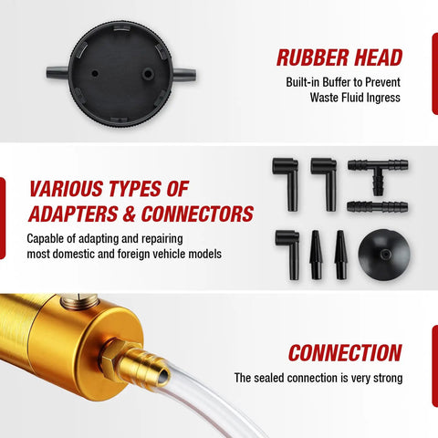 One Man Brake Bleeder Kit With Adapters And Pressure Gauge, Hand Vacuum Pump showing rubber head and connectors for vehicle use.