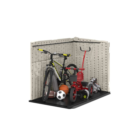 Horizontal Outdoor Storage Shed For Trash Cans And Yard Tools All Weather Resin With Soft Close Lid showing interior space