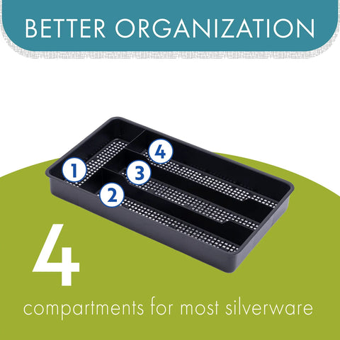 Swanky Four Compartment Utensil And Cutlery Drawer Organizer Tray In Matte Black for kitchens or junk drawers, showing four distinct areas.