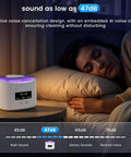 Rechargeable Ultrasonic Retainer Cleaner at 47dB noise level beside sleeping woman, highlighting quiet operation.