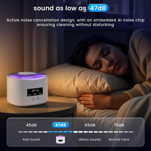 Rechargeable Ultrasonic Retainer Cleaner at 47dB noise level beside sleeping woman, highlighting quiet operation.