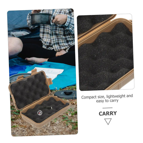Compact Survival Gear Case Organizer For Outdoor Adventures Gonna Keep Your Camping Hiking And Fishing Essentials Neatly Packed Portable Durable Storage Box open on grass with foam interior and small tool inside.