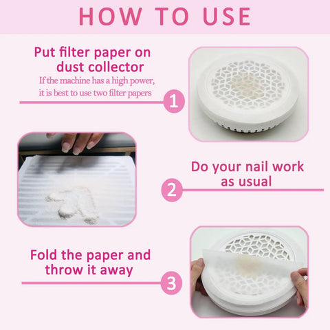 Steps for using 200 Sheets Disposable Nail Dust Filter Papers For Most Nail Dust Collectors And Vacuums.