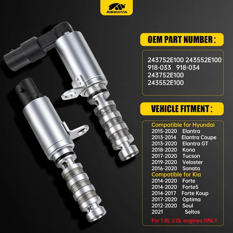 VVT Solenoid Kit For Kia Soul Forte And Hyundai Tucson Elantra 1.8L 2.0L Camshaft Position Actuator Solenoid Valve Replacement Replaces 243752E100