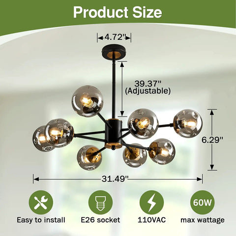 8 Light Chandelier Pendant Lighting Black With Glass Globes Dope Vintage Sputnik Ceiling Light Fixture for Kitchen Dimensions