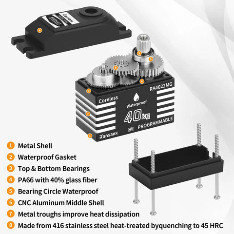 Waterproof RC Servo Controller with 40kg Torque Coreless Metal Gear Digital Servo for RC Crawlers, includes metal shell and bearings
