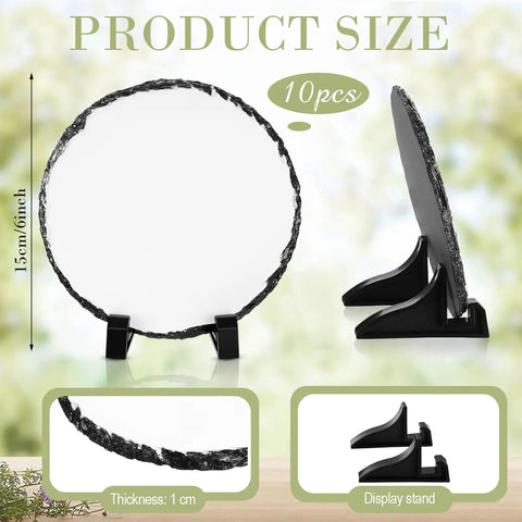 10 Pack Bulk Sublimation Slate Blanks With Display Holders showing 15cm round size and holder detail