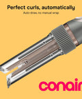 Close-up of InfinitiPRO Curl Secret Ceramic Auto Curling Iron With Three Quarters Inch Barrel for salon curls on yellow background