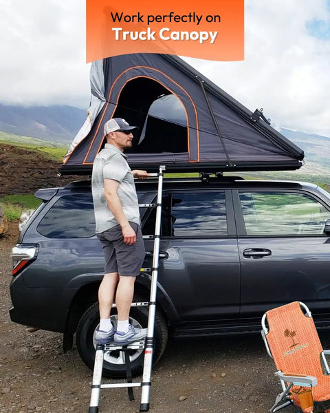 Man using ladder on truck with camper canopy; "38 Lb Gas Struts For Truck Cap Camper Shell 15.7 Inch Extended 9.4 Inch Compressed Lift Supports 2 Pack Replacement For A.R.E Snugtop Leer Topper And Similar Shells"