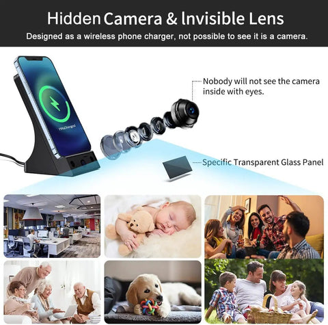 Stealthy Hidden Spy Cameras With Wireless Charger 1080P HD Mini Nanny Cam For Home Office Surveillance setup display