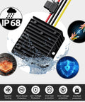 36V To 12V DC-DC Converter with IP68 rating, showing waterproof design, superior cooling, and protection features.