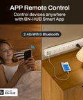 Smart WiFi Power Strip Surge Protector Packs Six Independently Switched Outlets and Four Fast Charging USB Ports with a Sleek Type C Adapter Works with Alexa and Google Home for Smooth App and Voice Control Quick No Sweat Setup Plug Away Vibes shown in use with mobile app control.