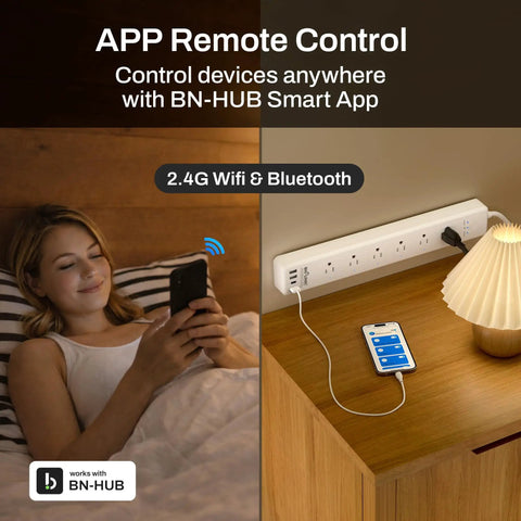 Smart WiFi Power Strip Surge Protector Packs Six Independently Switched Outlets and Four Fast Charging USB Ports with a Sleek Type C Adapter Works with Alexa and Google Home for Smooth App and Voice Control Quick No Sweat Setup Plug Away Vibes shown in use with mobile app control.