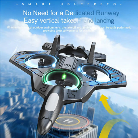 2.4G RC Plane With Barometric Altitude Hold hovering over cityscape, easy vertical takeoff feature highlighted