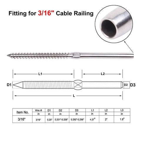 Diagram of Three Sixteenth Inch Stainless Steel Swage Lag Screws for Wood Posts Right and Left Hand Threads Beefy Cable Railing Kit