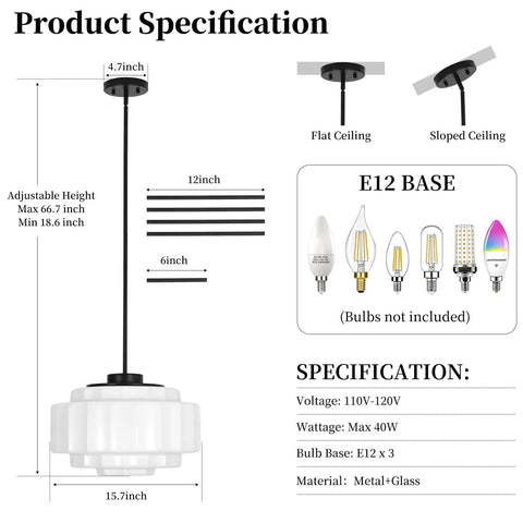 puncoll Vintage Black Milk Glass Pendant Light, 15.7'' White Chandelier dimensions and specifications for adjustable height and E12 base options.