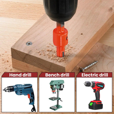 Must Have Pro Grade Countersink Drill Bit Set With Quarter Inch Hex Shank for woodworking in use with bench drill on wood