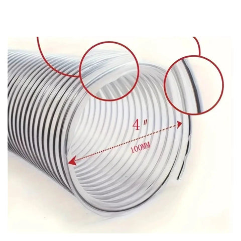 Heavy Duty Bellows Flex Hose For Shop Vacs And Industrial Dust Extractors 100mm Clear sawdust collector pipe, close-up of flexible tube.