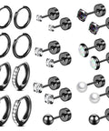 Matte Black Earring Set For Piercings Includes 7 Flat Back Stud Earrings And 4 Small Hoop Earrings In Titanium And Surgical Steel Black CZ Pearl Ball Opal Accents Lightweight Dope Dainty Jewelry For Cartilage Helix And Multiple Piercings, black set