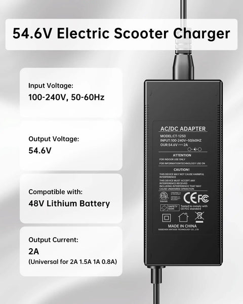 54.6V 2A Five Connector Electric Bike Charger For 48V Lithium Batteries Works With Lectric XP 2.0 And 3.0 Ecotric City Beach Evercross H5 H7 Ebikes And More With Wide Input 100 240V For Fast Plug And Play Home Charging