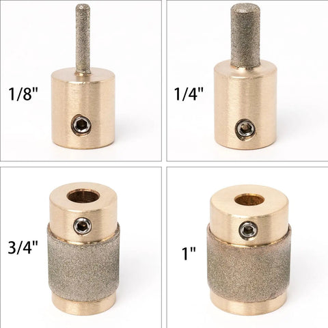 4 Pack Diamond Grinder Bits For Glass And Tile, Four Sizes One Inch, Three Quarter Inch, One Quarter Inch, One Eighth Inch, 118 Degree Split Point, Titanium Coated Brass Core, Includes 4 Allen Wrenches For DIY Stained Glass, Tile, And Stone Projects