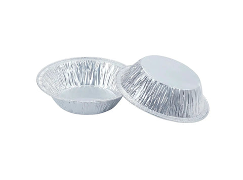 Heavy Duty 5 Inch Mini Pie Pans Pack Of 50 Disposable Aluminum Tart Tins for Baking Personal Mini Pies, shown with two pans displayed.